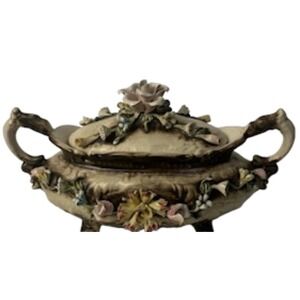 Vtg Capidimonte Candy Dish Footed w/Lid Flowers Blue N Crown Made In italy F/115